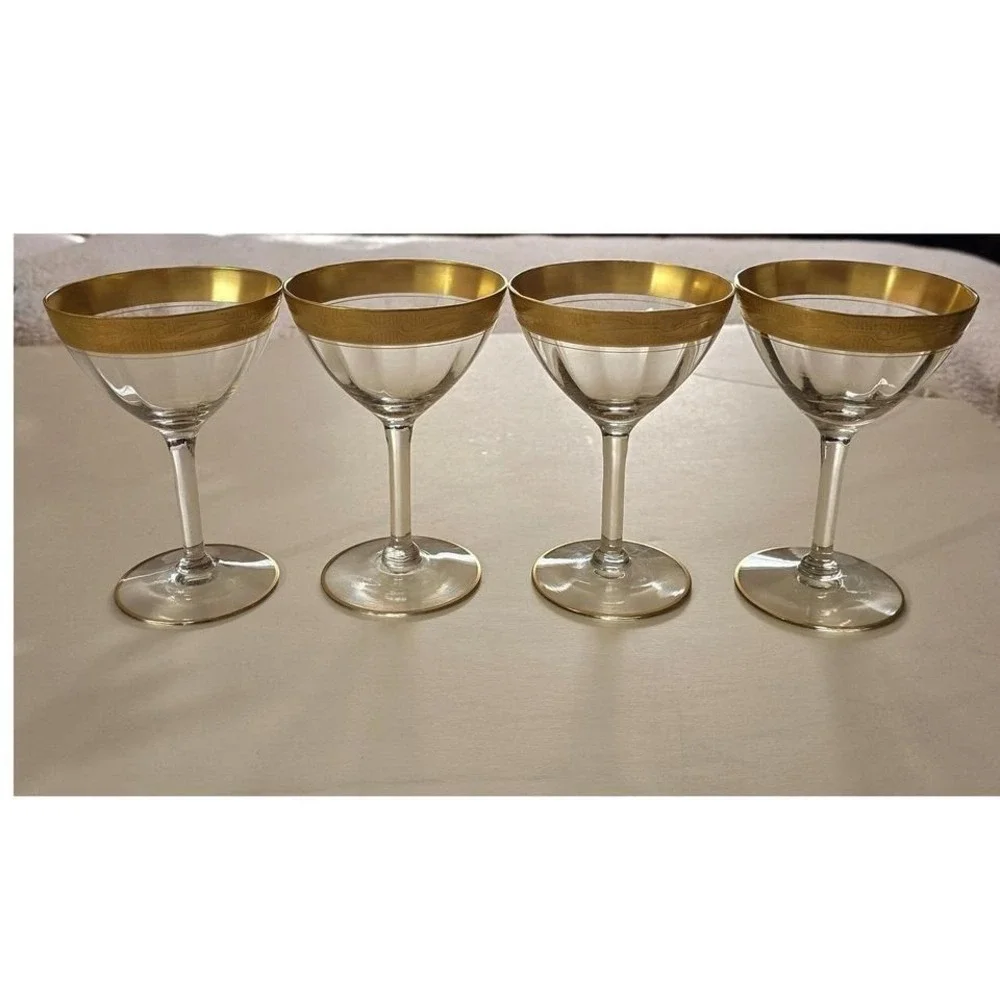 Vintage Tiffin? Gold Encrusted Etched Crystal Coupe‎ Cocktail Glasses Set of 4